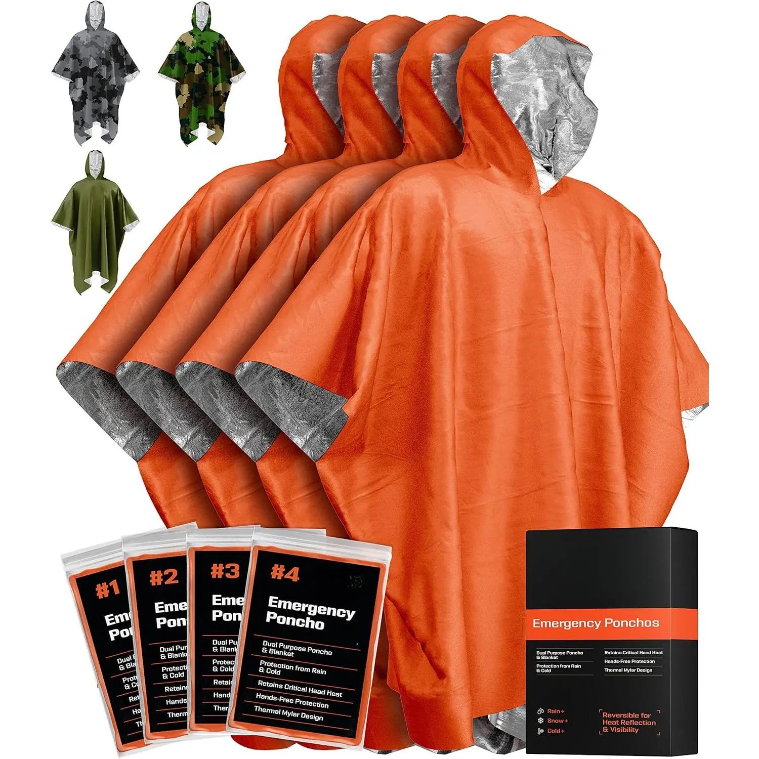 Emergency Mylar Poncho – Survival Rain Poncho with Hood – Lightweight, Compact, Reusable Emergency Blanket Poncho  Hiking, Camping, Thermal Gear, Car Kit, Outdoors New model