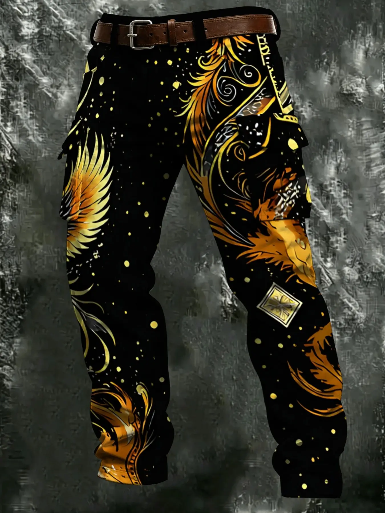 Base Gold Phoenix Feather Starry Print Workwear Pants, Golden Phoenix Scroll Pattern, Side Pocket, Men's Casual Ankle-Length Trousers