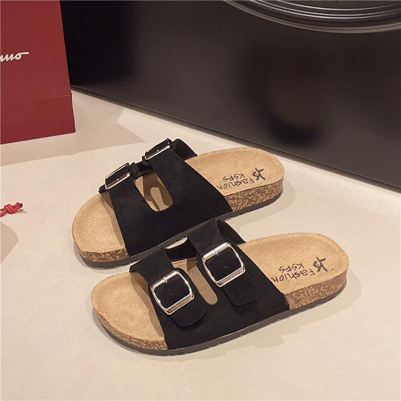 2026 foreign trade cross-border slippers women's large size slippers casual beach double buckle cork slippers factory spot