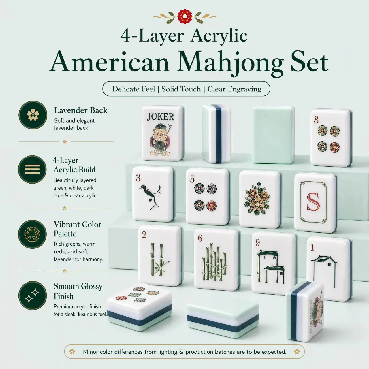 4-Layer Acrylic American Mahjong Set with American Rules, Fu Lu Shou Fortune & Longevity Blessings, ASMR Sound, Portable Game Table, Ideal for Adult Party Games, Birthday Gifting & Travel