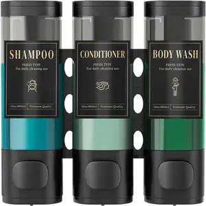 Shampoo and Conditioner Dispenser, No Drill Wall Mounted Shower Soap Dispenser 3 Chamber with Waterproof Labels, Easy Refill Soap Dispenser for Bathroom Hotel Kitchen, Black