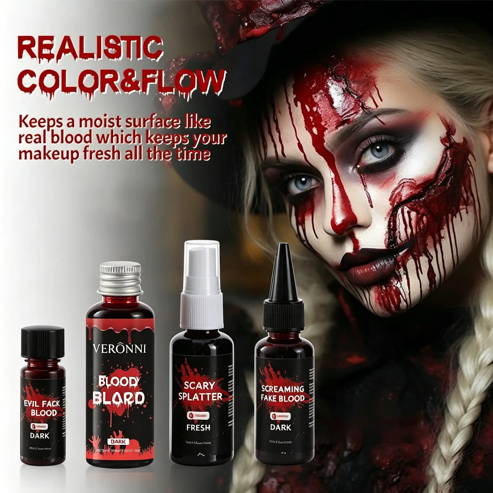 4pcs/set Halloween Makeup Kit, Washable Realistic Fake Blood, Zombie Vampire Costume Props, Creative Gift Set, Cosplay Accessories