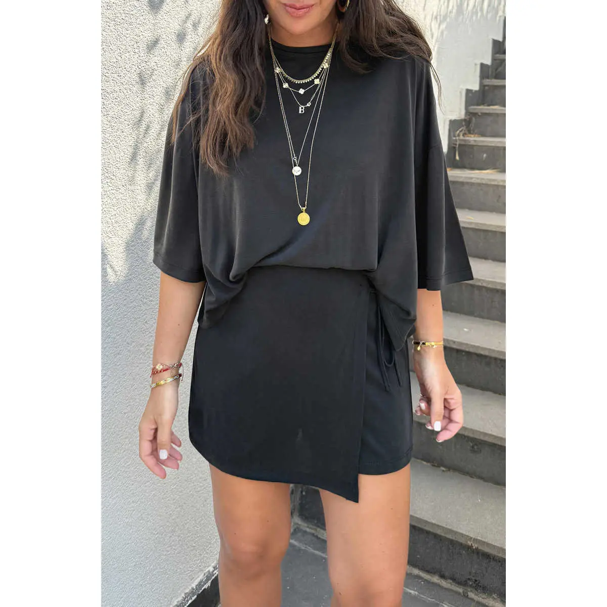 Women's Casual 2-Piece Clothing Set - Solid Jersey Oversized Short Sleeve Tee & Tie-Wrap Mini Skort