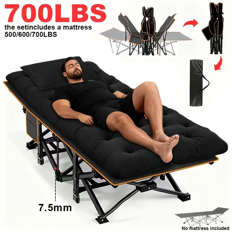 75 Inch Heavy Duty Large Foldable Camping Bed, Multi-Leg Design for Stable Support, 700/600/500 Lbs Weight Capacity, Portable with Side Pockets, Optional Mattress, Winter Camping Gear, Space Saving