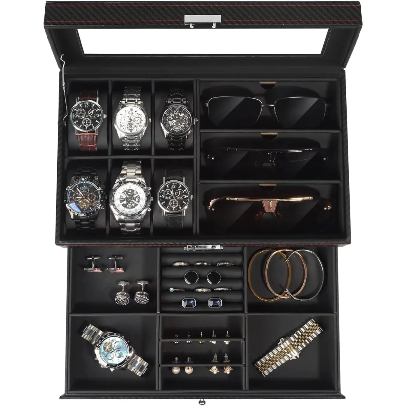 Box for Men, 6 Slot Watch Box  Organizer With Drawer, Watch Case for Men with Large Window, 2-Layer Watch Holder, Sunglasses Storage Organizer,  Lining, Fathers Day