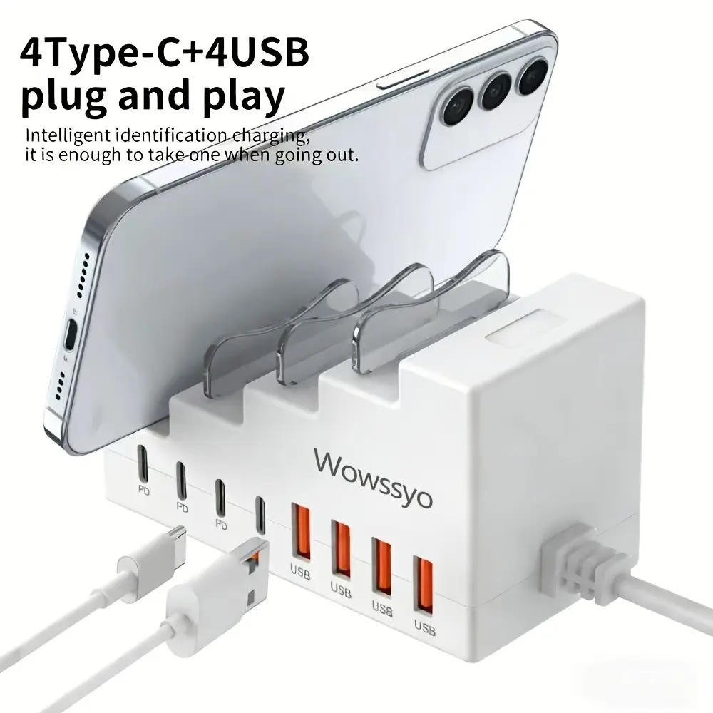 Portable 8-In-1 66w Fast Charging Station, 4 USB Ports + 4 Type-C PD Ports, Phone Stand, Compatible with iPhone, Macbook, Smartphones, Tablets