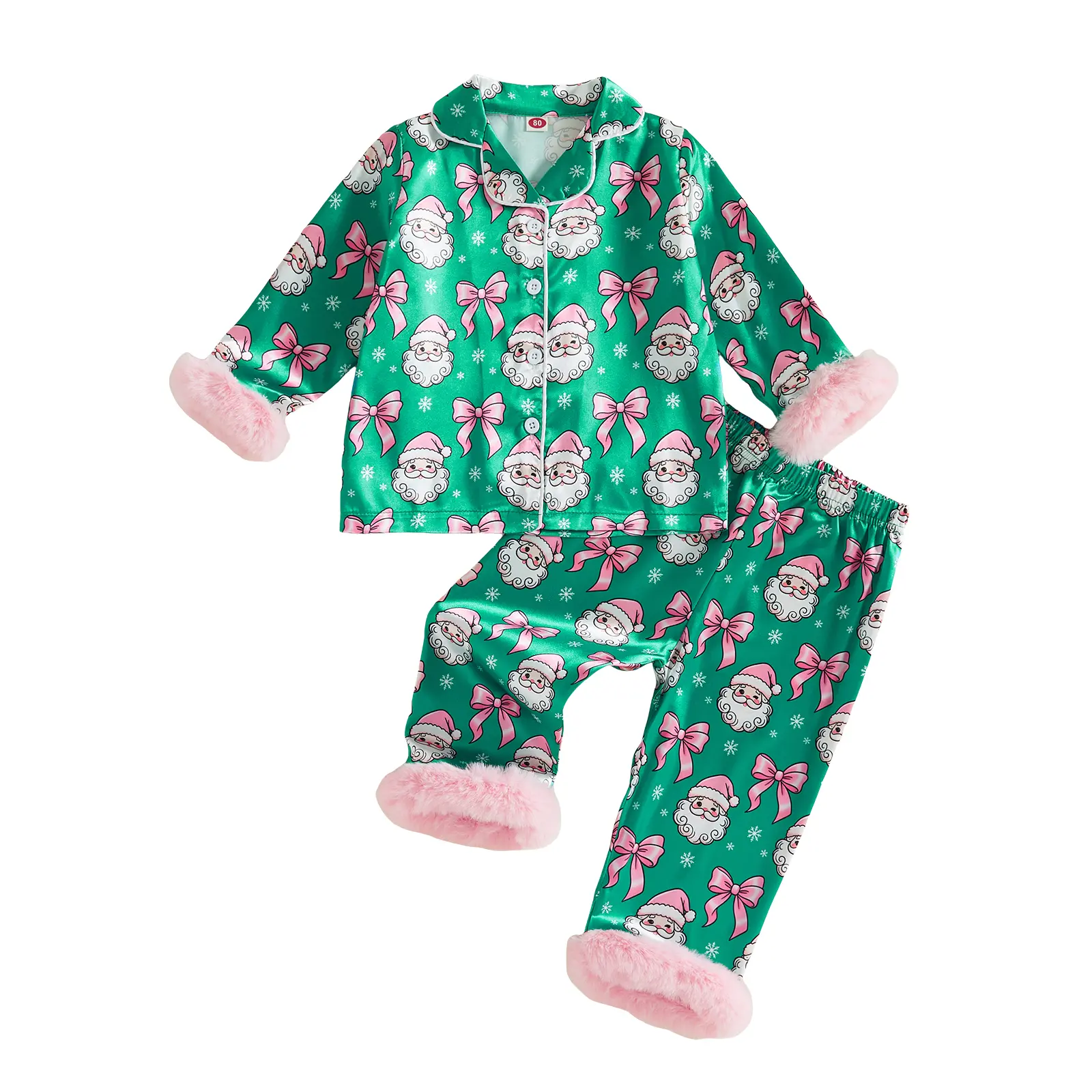 Babamoon Toddler Baby Girl Christmas Pajama Set Printed Fuzzy Trim Long Sleeve Button Tops &Pants Sleepwear 2-12T