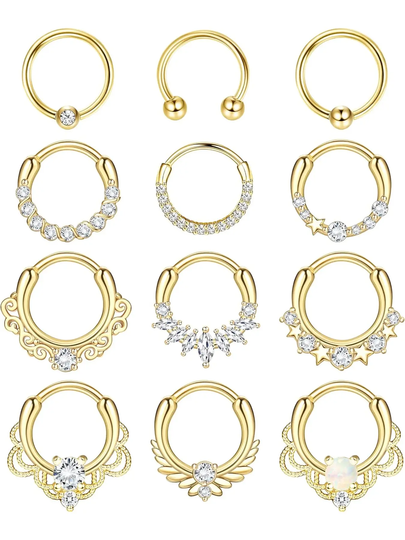 12pcs Septum Jewelry 16g Daith Earrings Hinged Hoop Nose Rings Septum Clicker Cz Stainless Steel Cartilage Earring Helix Tragus Daith Piercing Jewelry