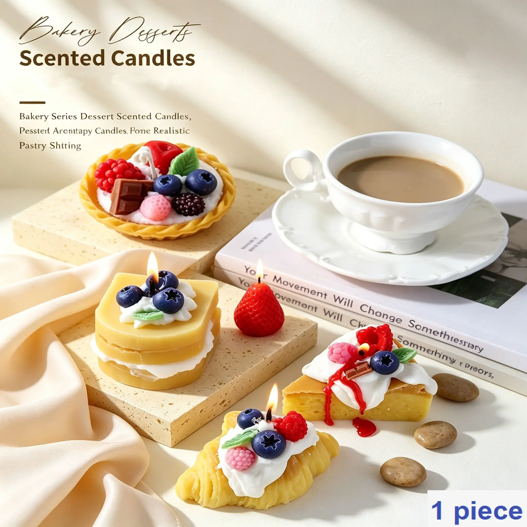 Simulation Dessert Scented Candle, Cookie Croissant Egg Tart Waffle Shapes, Fresh Fruit Cream Decor, Smoke-Free Soy Wax, Desk Decoration, Birthday Gift