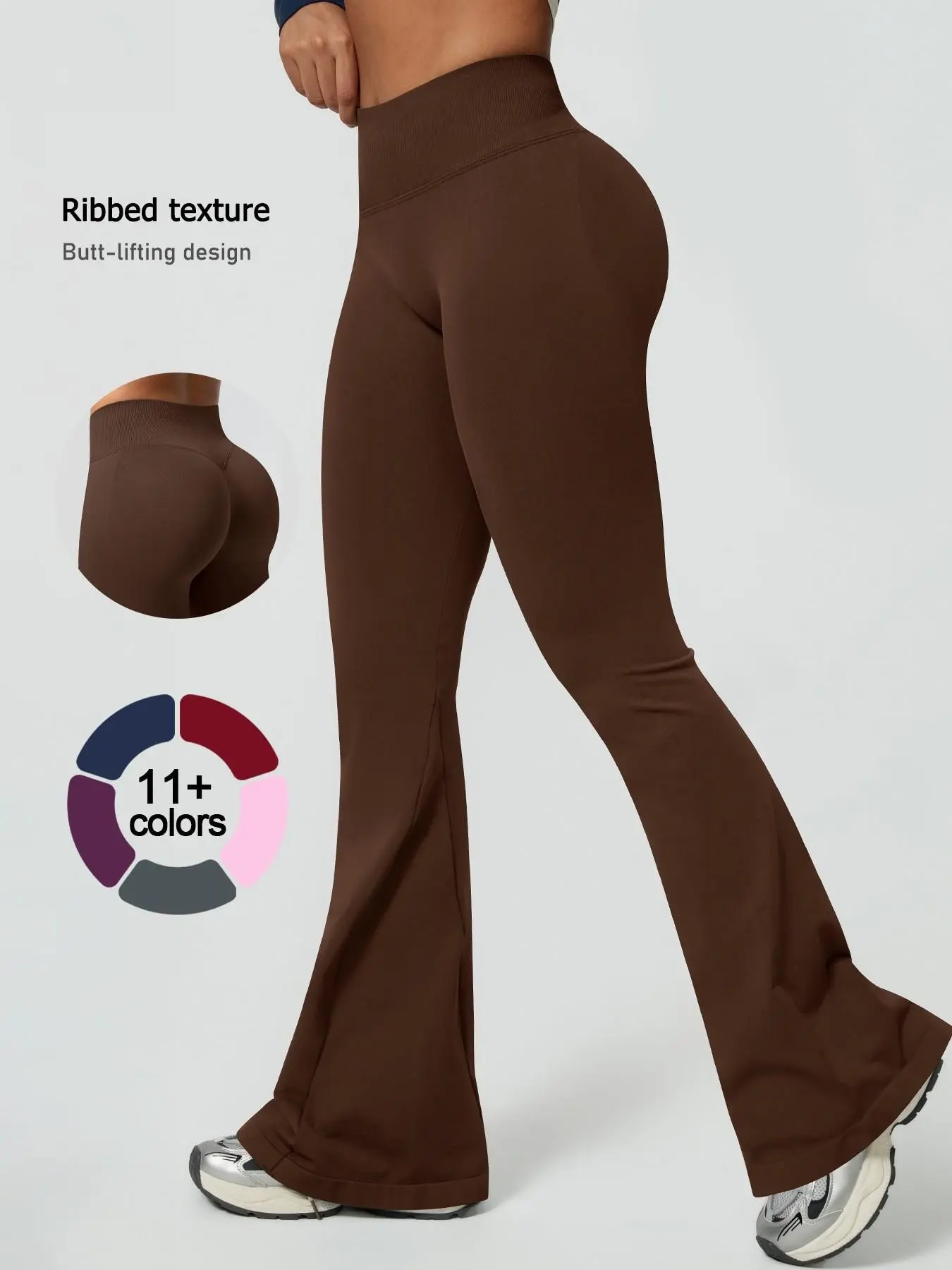 Women High Waist Butt Lifting Yoga Flare Pants, Seamless 3-Section Waist Peach Hip Slimming Leggings, Ribbed Waist Micro Flare Fitness Trousers for Yoga Running Street Casual Outfit leggings