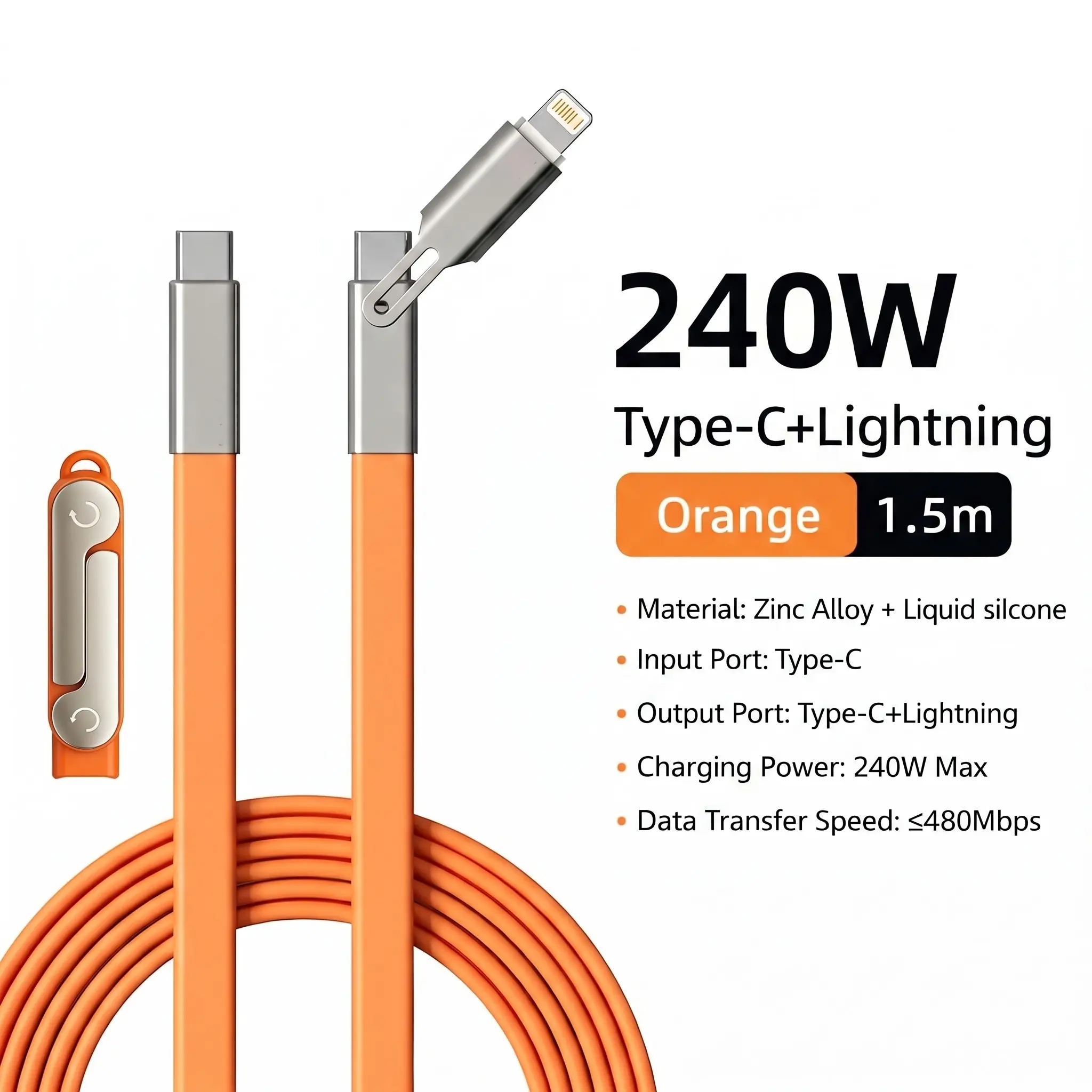 240W Fast Charging Cable with Foldable Stand, 2-in-1 USB C & Lightning Cable, Detachable Phone Charger Cord, Invisible Holder for Car Travel Gaming