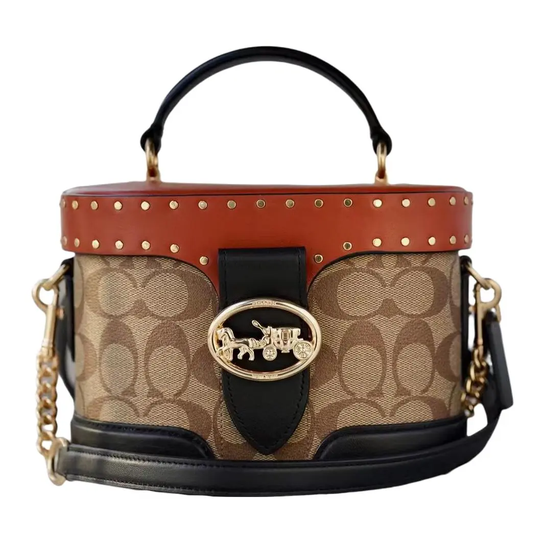 COACH Georgie 20 Vintage Rivet Patchwork Tote Bag for Women – Red and Brown Canvas and Premium Leather