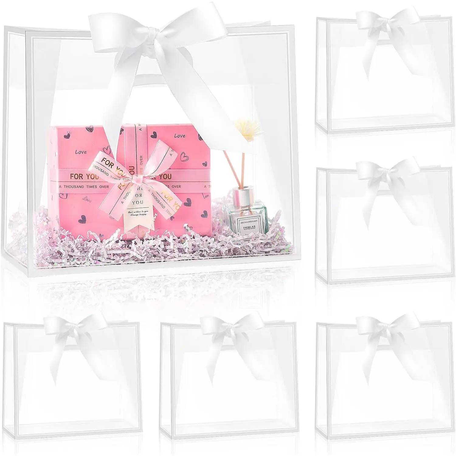 Clear Plastic  Bags with Handles, 12 Pack, White | 12 x 10 x 5 Inch, , With Ribbon, Party Favor Bags, For Wedding, Bachelorette Party