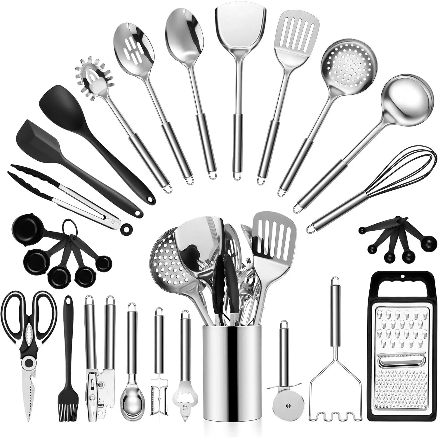 31-Piece Sturdy Grade SS Stainless Steel Cooking Utensils Set - Metal Kitchen Tools with Modern Holder, Long Handles, Measuring Sets, Slotted Tools, Heat Resistance, Dishwasher Safety, Skimmer, Turner, Spatula, Pasta Utensil, Heat Resistant