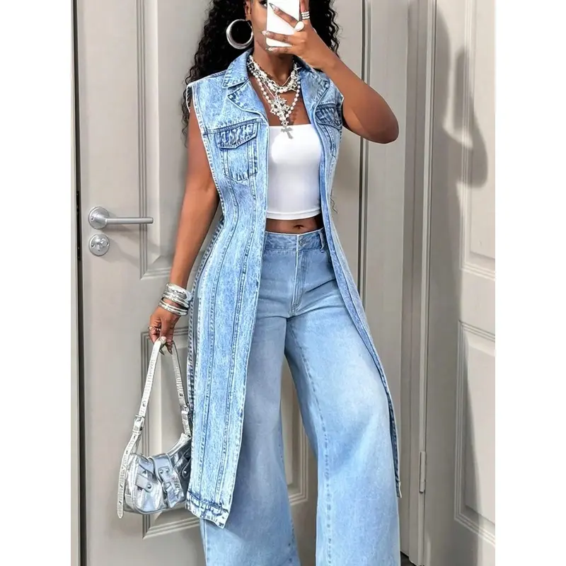 Women's Sleeveless Denim Jacket, Spring & Fall Fashion, Casual Style, Solid Pattern, Trendy Lapel Design, Daily Wear Outerwear