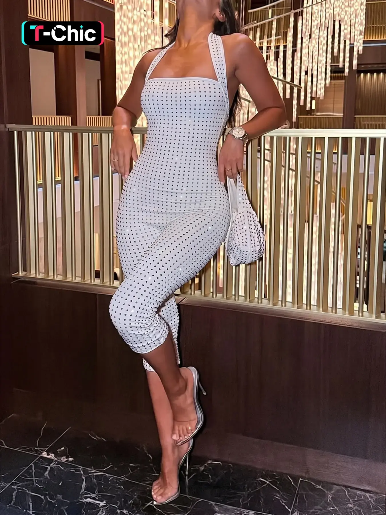White Full Rhinestone Halter Jumpsuit Women Square Neck Backless Slim Fit Ankle Length Jumpsuit Strappy Style Jumpsuits Shiny Sparkly Bodycon Sexy Clubwear Party Outfit Y2K Streetwear Summer Evening Going Out Elegant Chic Figure-Hugging Romper Fashion