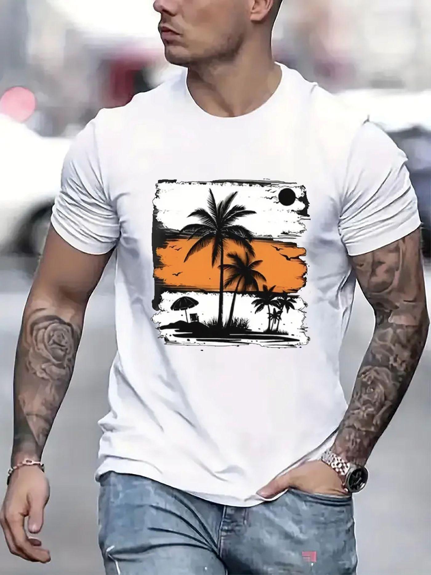 Men's Palm Tree Pattern Printed T-Shirt Casual Short Sleeve 1 Piece - Comfortable Round Neck, Soft Cute Top Streetwear Crewneck Tropical Menswear Shortsleeve hannah montana 20th anniversary merch graphic tee 90s graphic tees