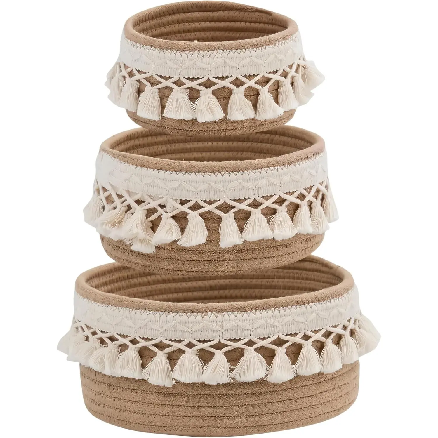 3 Pack Woven Basket,Macrame Makeup Basket,Boho Vanity Cosmetics Desk Storage Baskets,Natural Cotton Rope Pantry Table Organizer Bins for Bedroom Living Room Bathroom School Shelves Office Desk