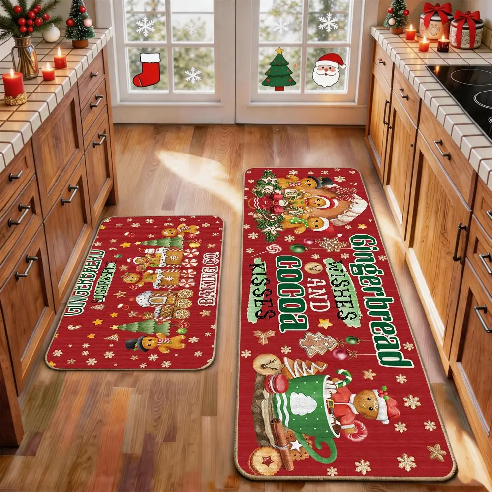 2 Pcs Christmas Kitchen Rug Mat Gnomes Gingerbread Tree Santa Clause Snowflake Red Black Floor Mat Set Farmhouse Kitchen Rug Non Slip Restaurant Floor Dining Room Laundry Room Decor Carpet Mat Winter Decor Home Decor Rug