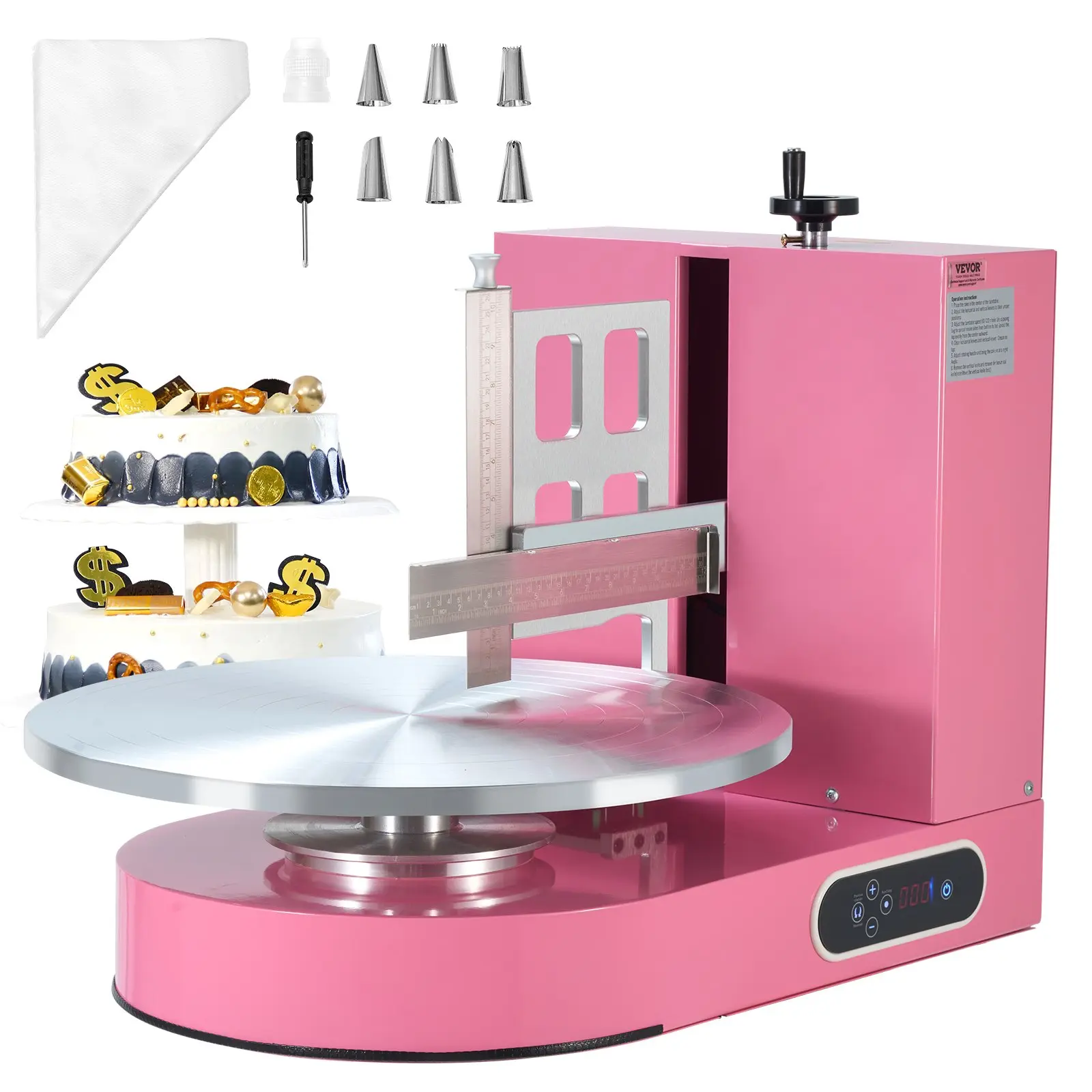 VEVOR Cake Decorating Machine, Cake Cream Spreading Coating Smearing Machine, Low Noise Cake Frosting Machine, Turntable with Adjustable Scraper, for 4" to 16" Cake, 25-320RPM Rotating Speed, Pink