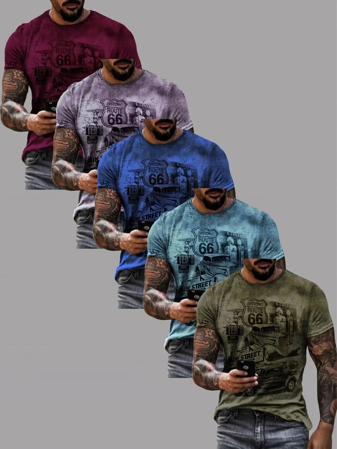 5-Pack Men's Vintage Washed T-Shirts, Retro Car Print, Short Sleeve, Loose Fit, Breathable, Casual Summer Streetwear, Multiple Colors