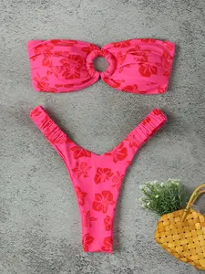 New Spring Summer European Style Women's Casual Floral Print Ruched Sexy Printed Bikini Set, Beach Vacation Party Date