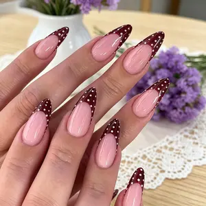 24pcs Almond Press on Nails, Burgundy French Tip, Polka Dot, Glossy Nude, Reusable, Autumn Winter Manicure, for Women, Daily Party
