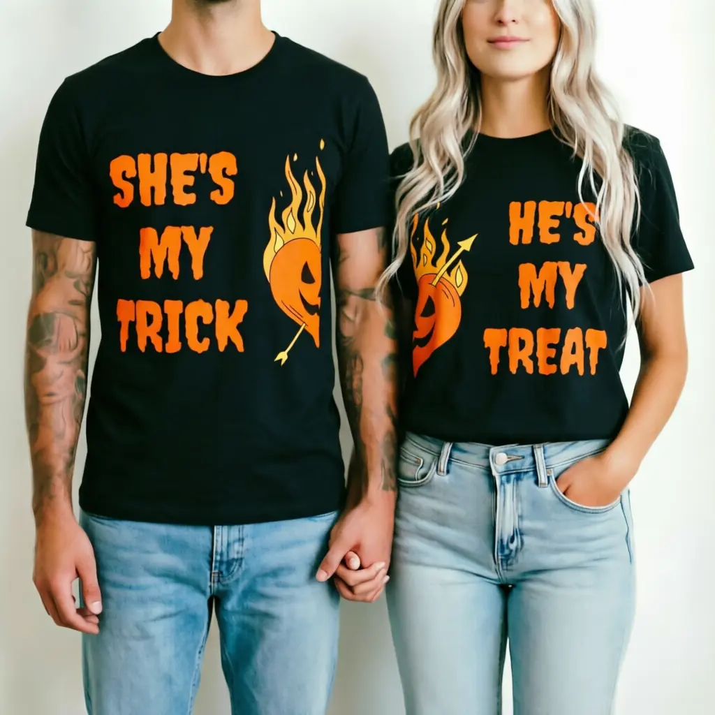 He's My Treat She's My Trick Halloween Matching Couples Graphic Unisex Cotton T-Shirt, Pumpkin Flame Lover Matching Set Casual Tee cute style gift comfortable outfit black classic autumn fall shirts🎃 short sleeve