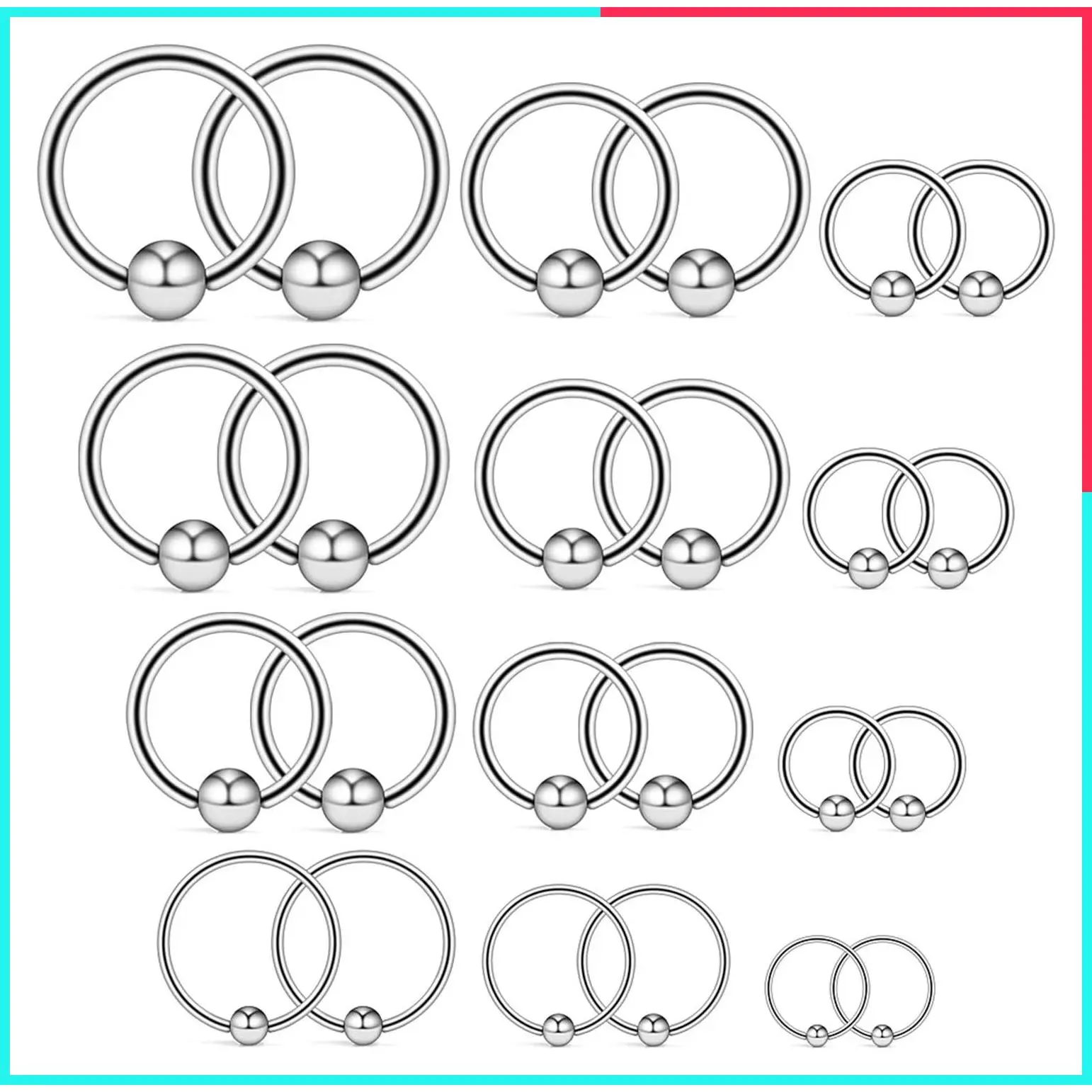 20G 16G 14G 12G Surgical Steel Captive Bead Nose Hoop Septum Earring Eyebrow Tongue Lip Nipple Helix Tragus Piercing Rings Multiple Sizes 8mm-14mm