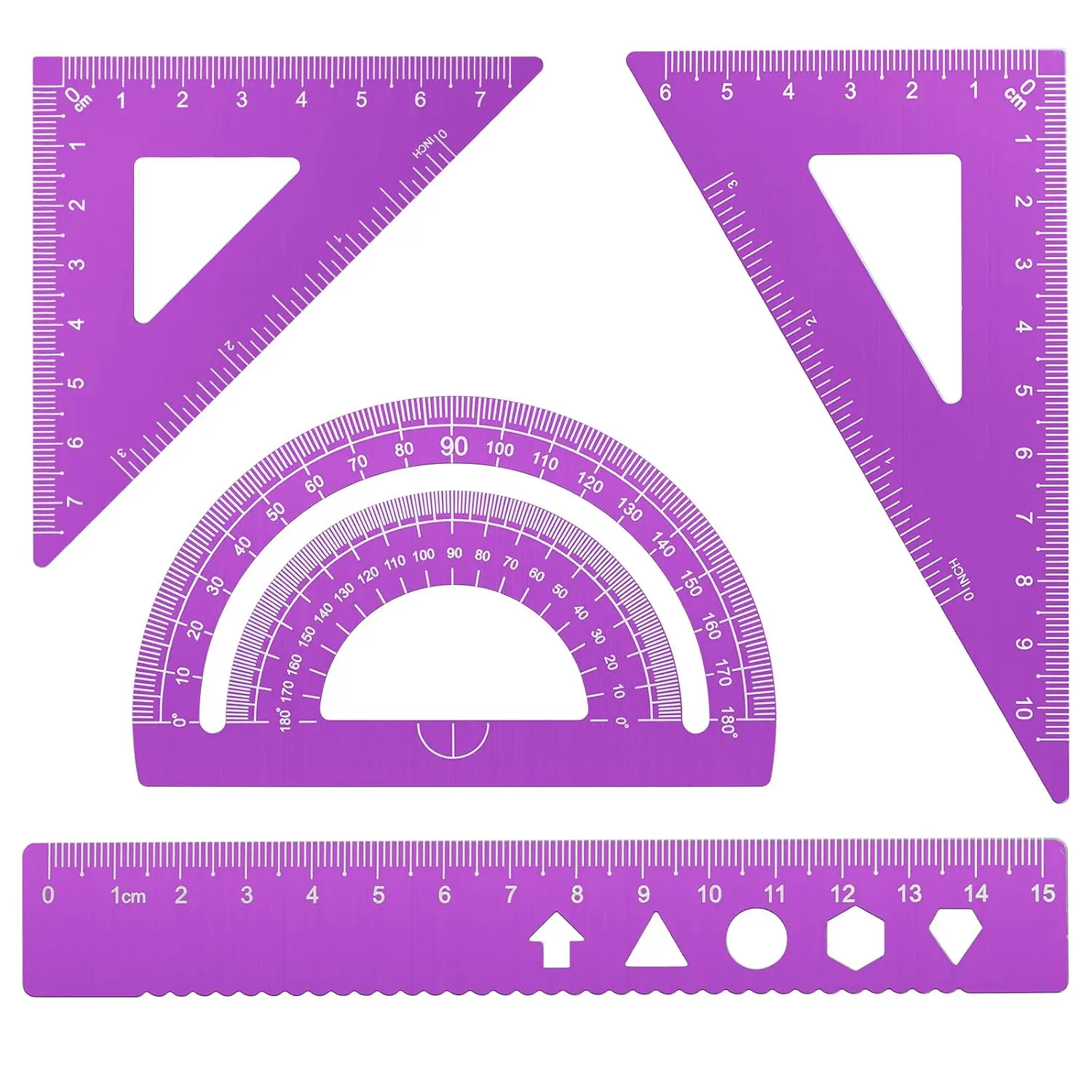 Triangle Ruler, Protractor, Square and Ruler Set, 4 count  Alloy Ruler, Metal Drafting Ruler Kit, Geometric Protractor for Student, School, , Office (, 15cm/5.9inch)