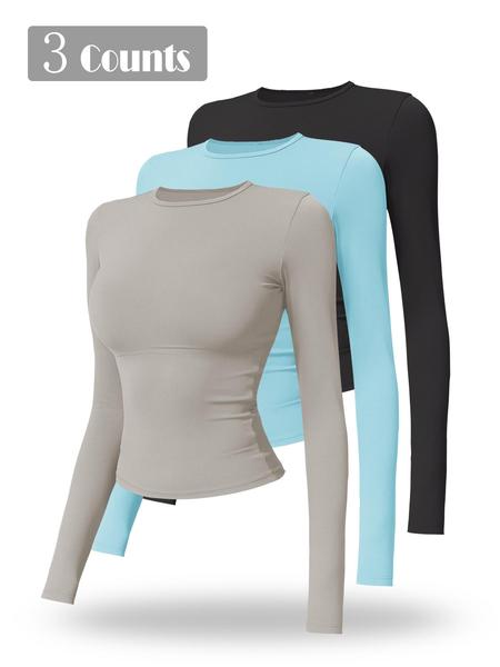 Women's Solid Long Sleeve Sports Tee, Sporty Round Neck T-shirt for Yoga Gym Workout Running, Ladies Sportswear for Spring & Fall, Gym Performance Top