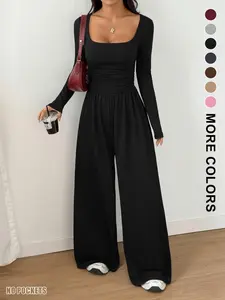 Minimalist Black Long Sleeve Jumpsuit for Women, Square Neck & Ruched Waist, Flowy Wide Leg Pants, Soft Material, Ideal for Everyday, Errands & Casual Date Outfits