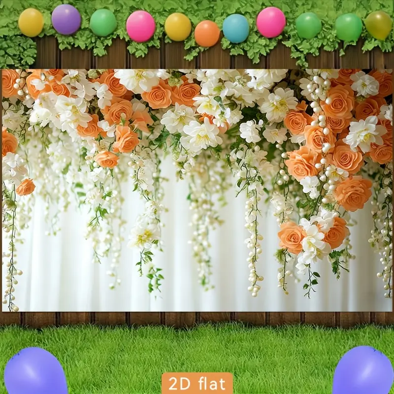 Elegant Orange White Floral Stage Backdrop Polyester Fabric, Luxury Curtain Background for Party Decoration, Garden Events, Home Wall Decor and Photography Props