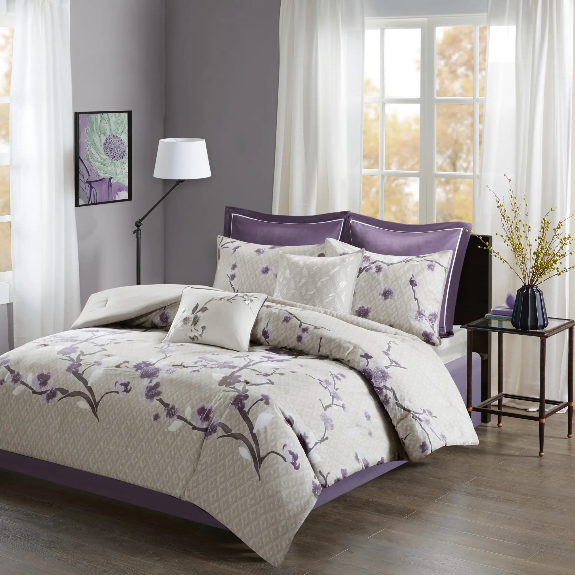Nokaa 8-Piece Cotton Comforter Set King Size Purple/Taupe Reversible Bedding with Shams, Decorative Pillows & Bedskirt – Hypoallergenic, Oeko-Tex Certified, Machine Washable