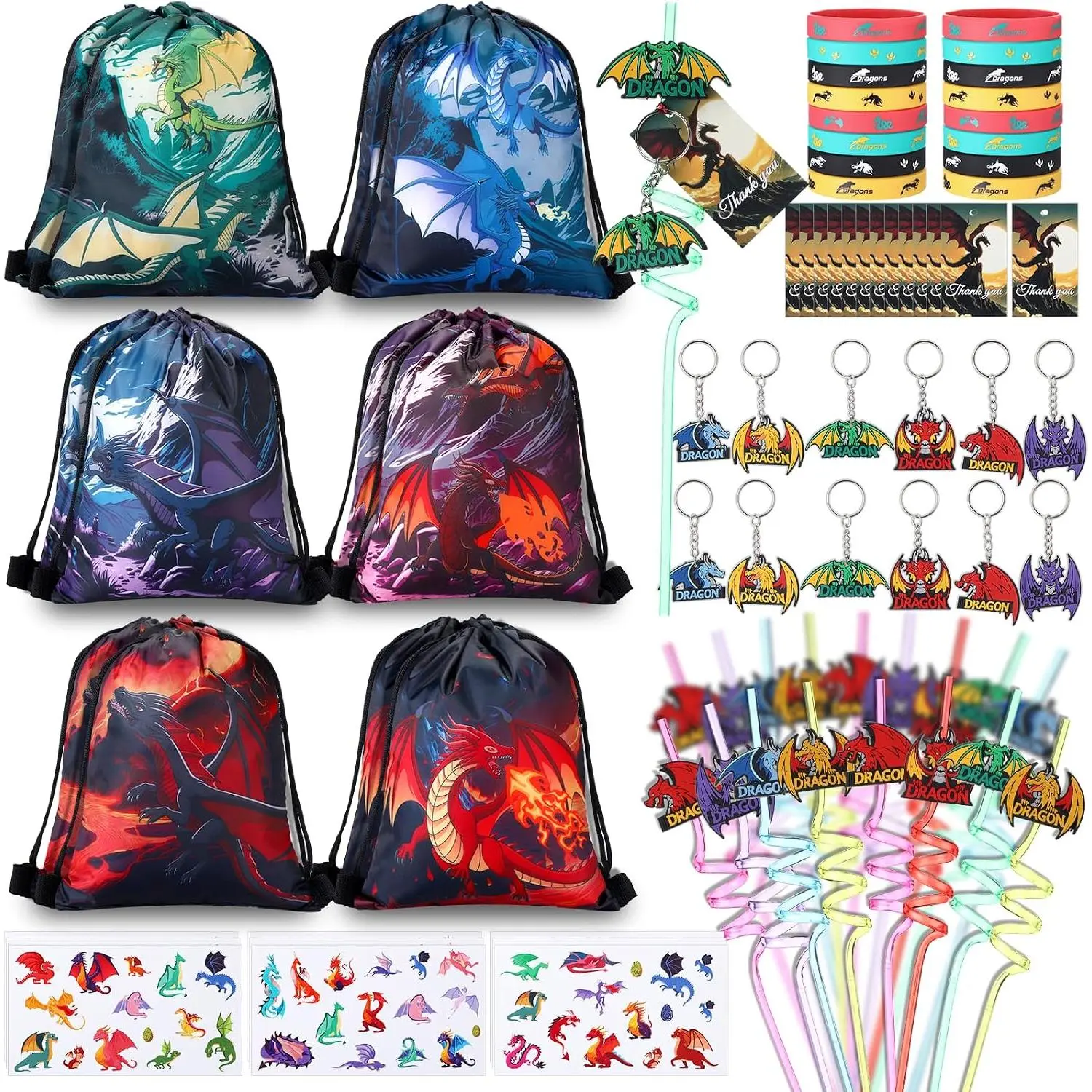 73 count Dragon Themed Party Favors Set Birthday Supplies Includes Drawstring Bags Backpack Keychains Bracelets Stickers Straws Tags for Birthday Party Favors Rewards Gifts