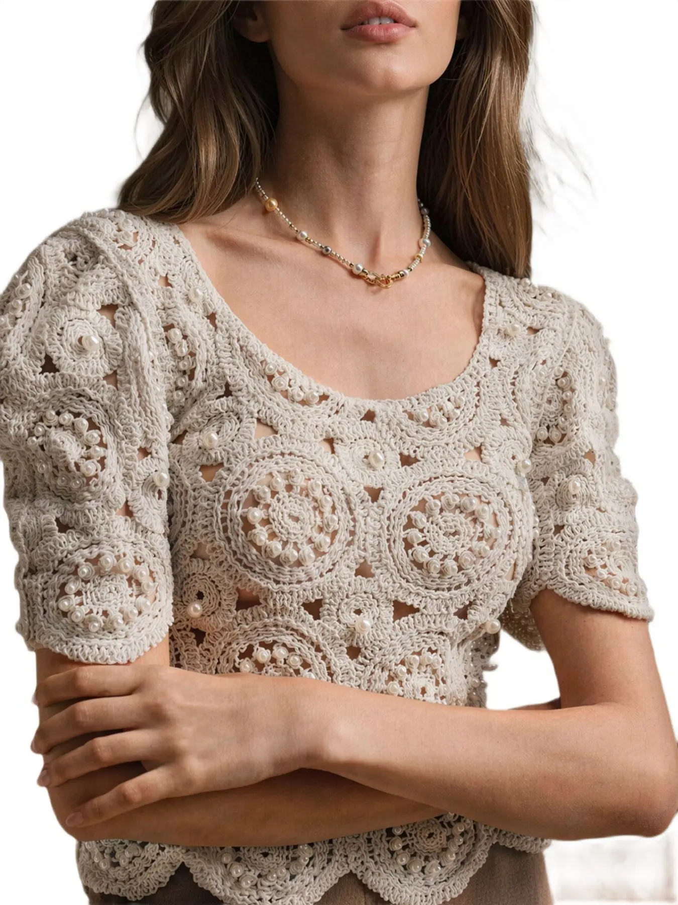 Square Neck Floral Cut Out Knit Bubble Sleeve Vacation Elegant T-Shirt for Women, Stylish Summer Top, Perfect for Beach & Travel