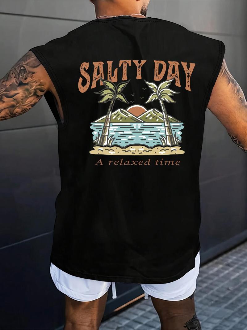 Men's Regular Fit Palm Tree & Mountain Print Tank Top, Casual Street Sleeveless Top for Daily Wear, Men's Clothes for All Seasons, Sleeveless Tank Tops, Socks
