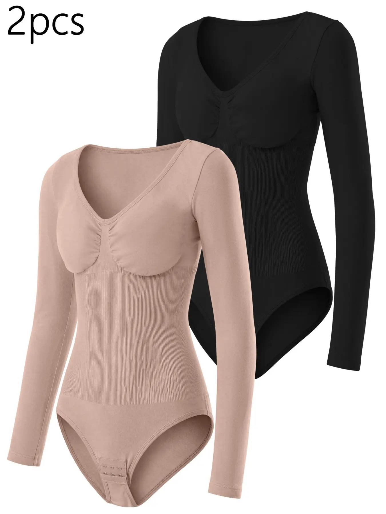 2-Pack Bare-Look Long Sleeve Shapewear Bodysuit, V-Neck Ribbed Light Compression, Adjustable Crotch, Breathable, Women's All-Day Comfort