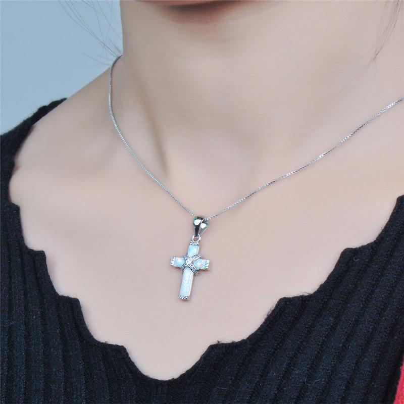 Luxury White Cross Necklace with Opal & Rhinestones, Exquisite Gift Box, Women's Daily & Holiday Jewelry, Ideal Birthday Gift