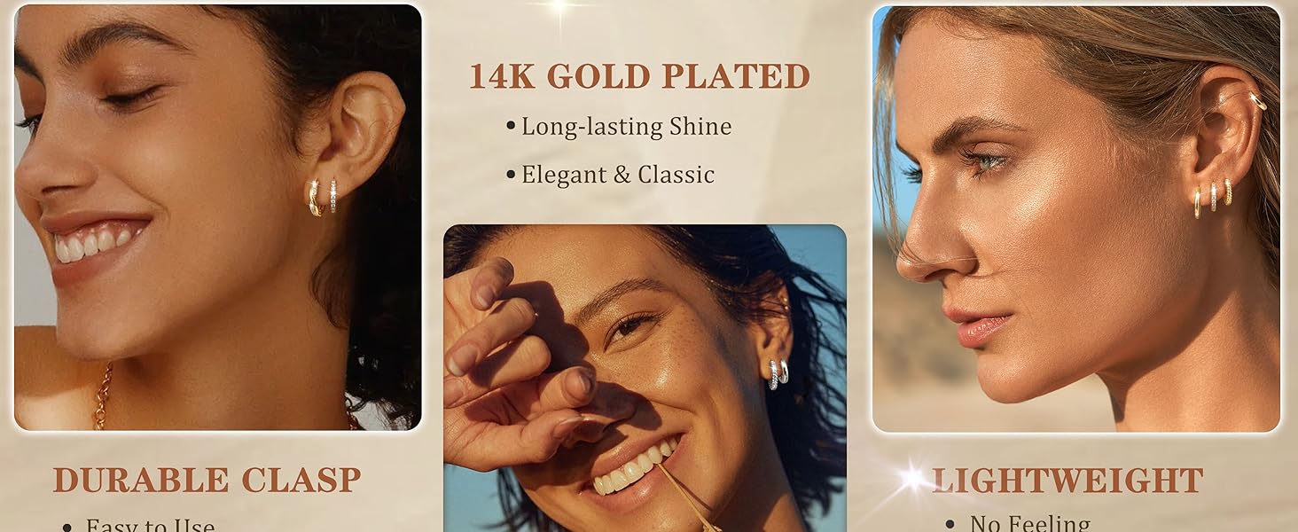 CASAIECA Hoop Earrings for Women Trendy 14K Gold Plated Huggie Earrings Hypoallergenic Cartilage Earring Stacks Cute Dainty Huggie Hoops Earring Sets for Multiple Piercing
