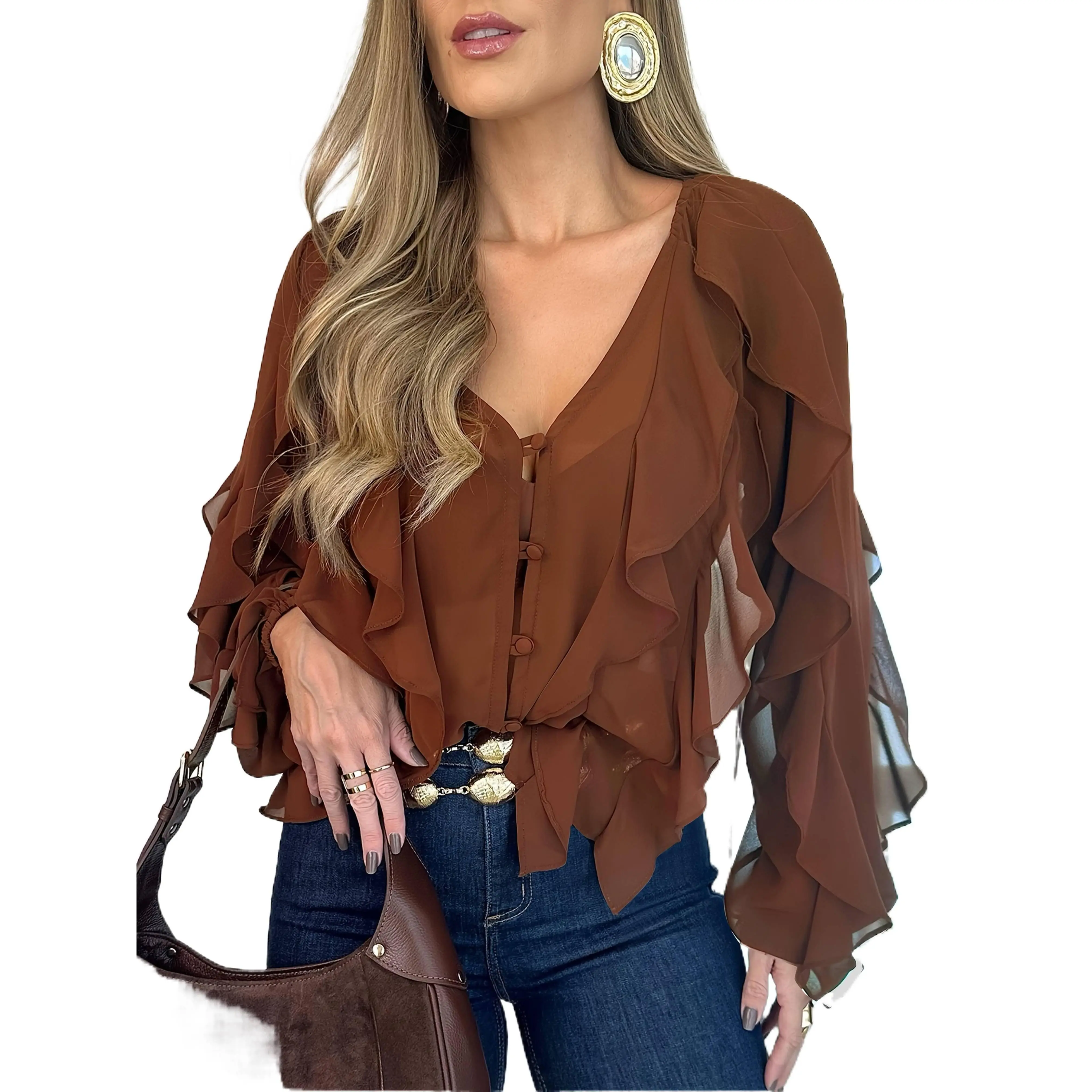 Women Elegant V Neck Long Sleeve Chiffon Blouse, Ruffle Asymmetrical Hem Button Front Shirt, Casual Open Front Daily Vacation Fashion Top