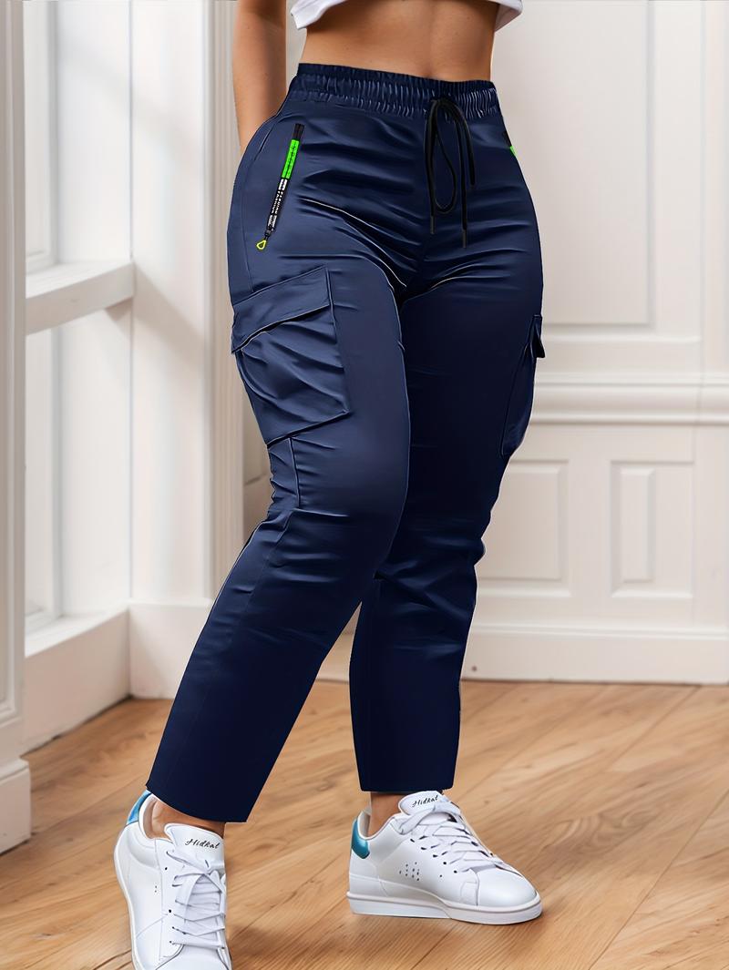 Women's Heavy-Duty Cargo Pants with Multi-Zipper Pockets & Neon Green Accents – Full-Length Trousers for Outdoor, Travel & Casual Wear in Spring/Fall Seasons – Belt-Style Waist Drawstring and Non-Slip Leg Construction