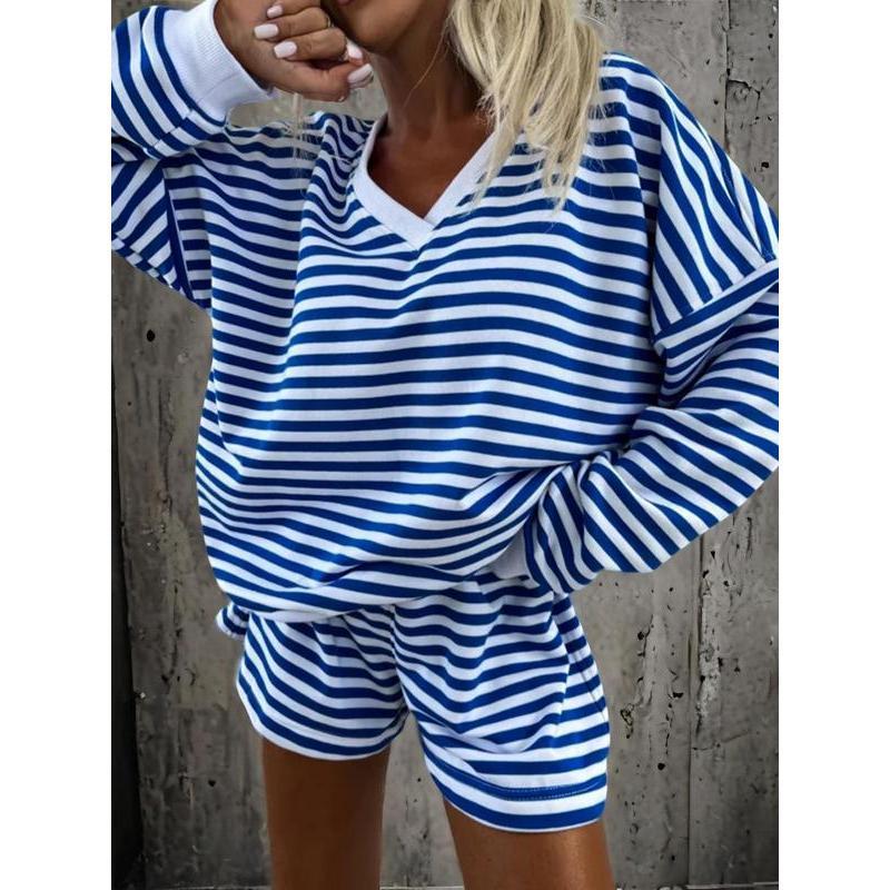Two-piece Set Women's Striped Print V Neck Drop Shoulder Sweatshirt & Elastic Waist Shorts Loungewear Casual Comfy Pajama Chic Set for Spring & Fall Sleepwear Women'swear Apparel