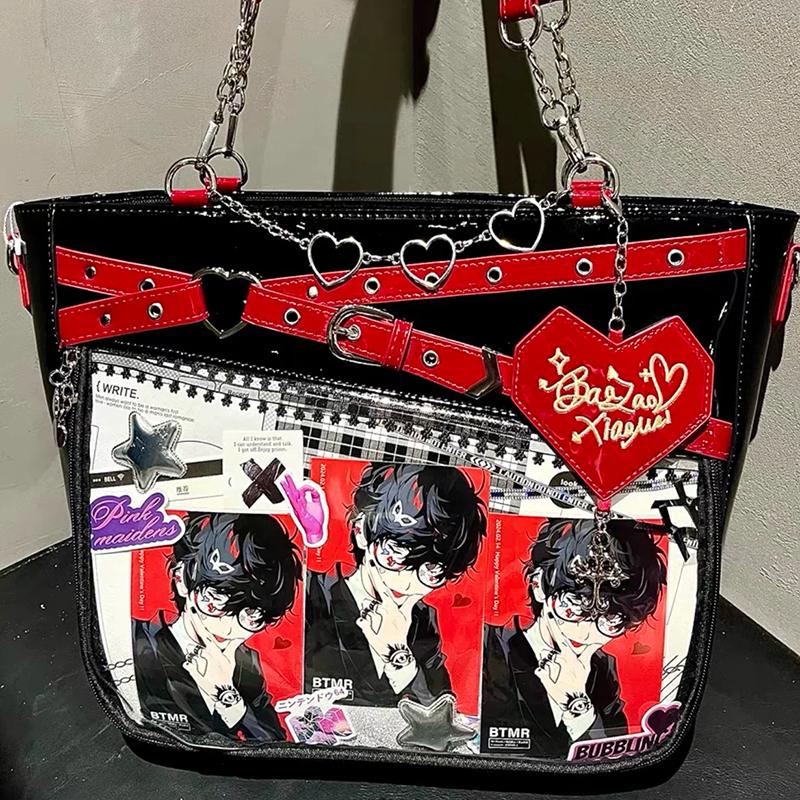 Fashion Y2k Hot Girl Transparent Ita Bag, Diy Display Bag Heart Chain Decor Handbag, Streetwear Large Capacity Crossbody Bag