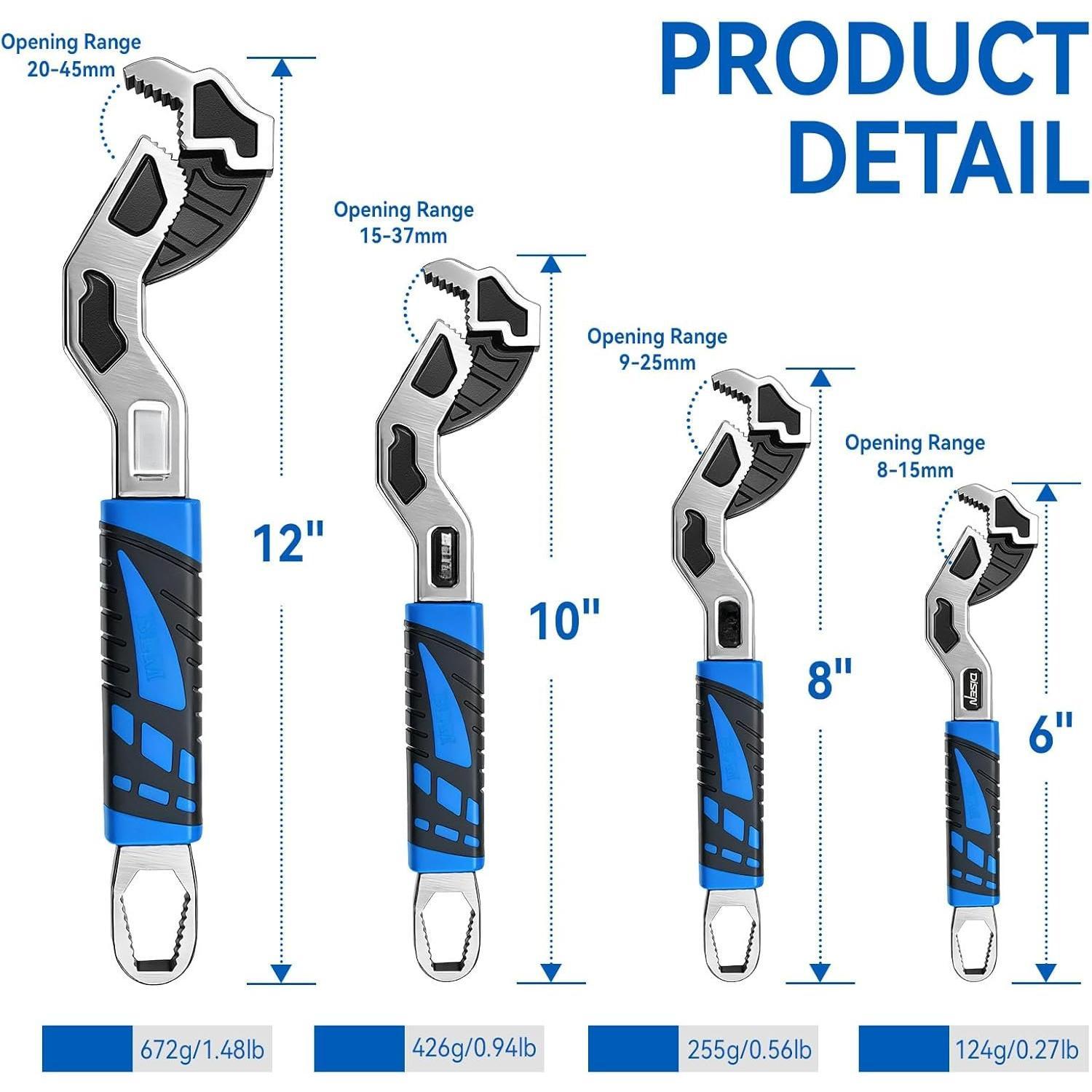 Self Adjusting Pipe Wrench,6", 8", 10", 12" Multifunctional Self Locking Wrench Set, Self Adjustable Wrench Plumbing Tools for Pipe Fittings and Nuts, Chromium Vanadium Steel