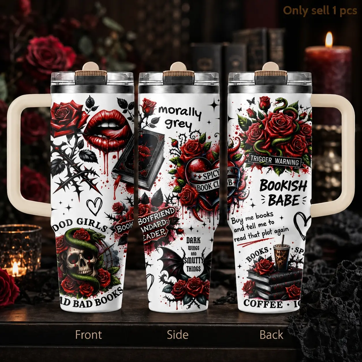 Gothic Book Lover 40oz Insulated Drink Tumbler – Dark Academia Stainless Steel Travel Cup with Handle & Straw Lid for Coffee, Water, Reading Nights, Library, Office, Car, Gift for Readers