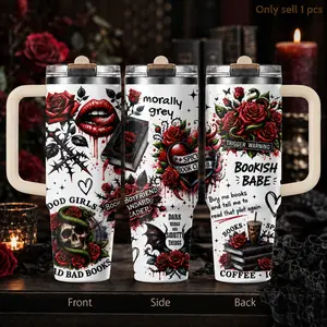 Gothic Book Lover 40oz Insulated Tumbler – Dark Academia Stainless Steel Travel Cup with Handle & Straw Lid for Coffee, Water, Reading Nights, Library, Office, Car, Gift for Readers