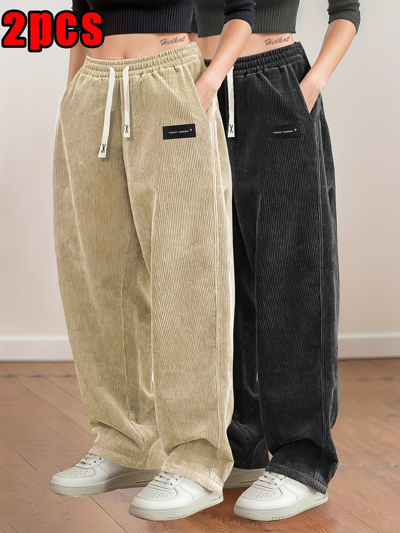 2 Pairs Women's Corduroy Pants, Women's Corduroy Wide Leg Pants 2 Pack, Women's Elastic Waist Corduroy Trousers, Women's Casual Corduroy Sweatpants 2PCS, Plus Size Corduroy Pants