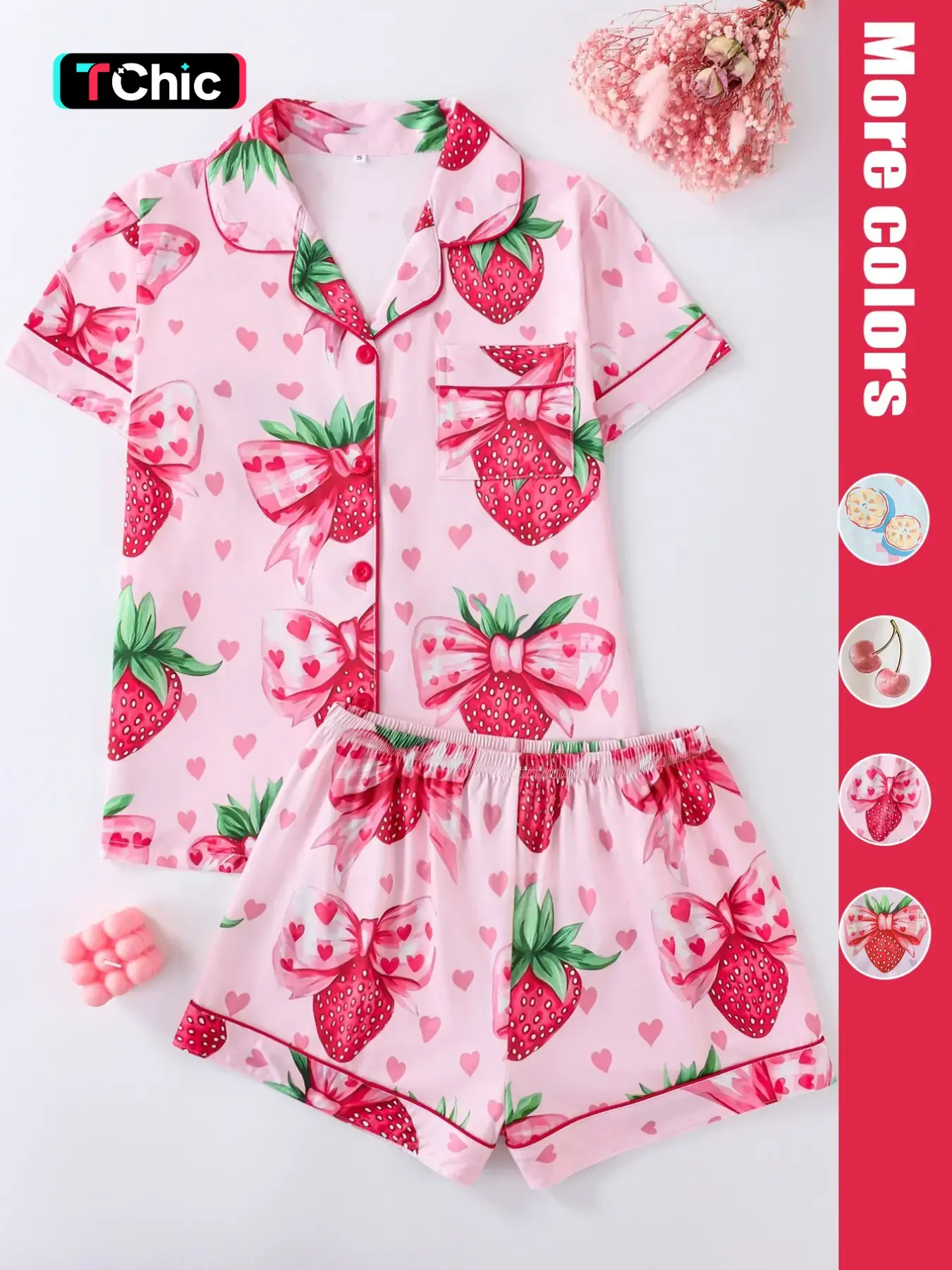 Women's Strawberry & Heart Print Lapel Neck Shirt & Shorts Matching Pyjama Two-piece Set, Ladies Sleepwear for All Seasons, Loungewear, Pajamas