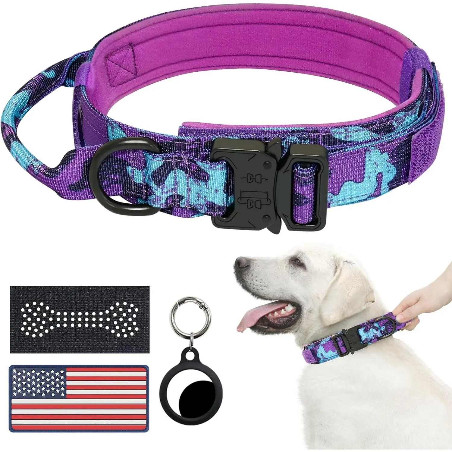 Tactical Dog Collar, Adjtable Military Training Nylon Airtag Collar with Handle and Heavy Duty Metal Buckle for Medium Large Dogs, with Airtag Holder and Two Patches（Purple Camo,L）